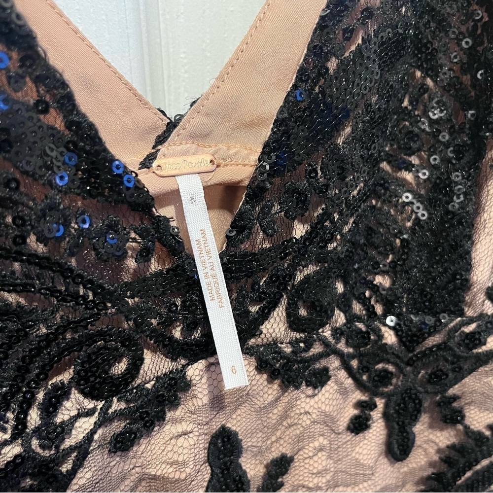 Free People Black Lace Mini Dress sequin lined sleeveless tank top 6 Small Women - Picture 4 of 8